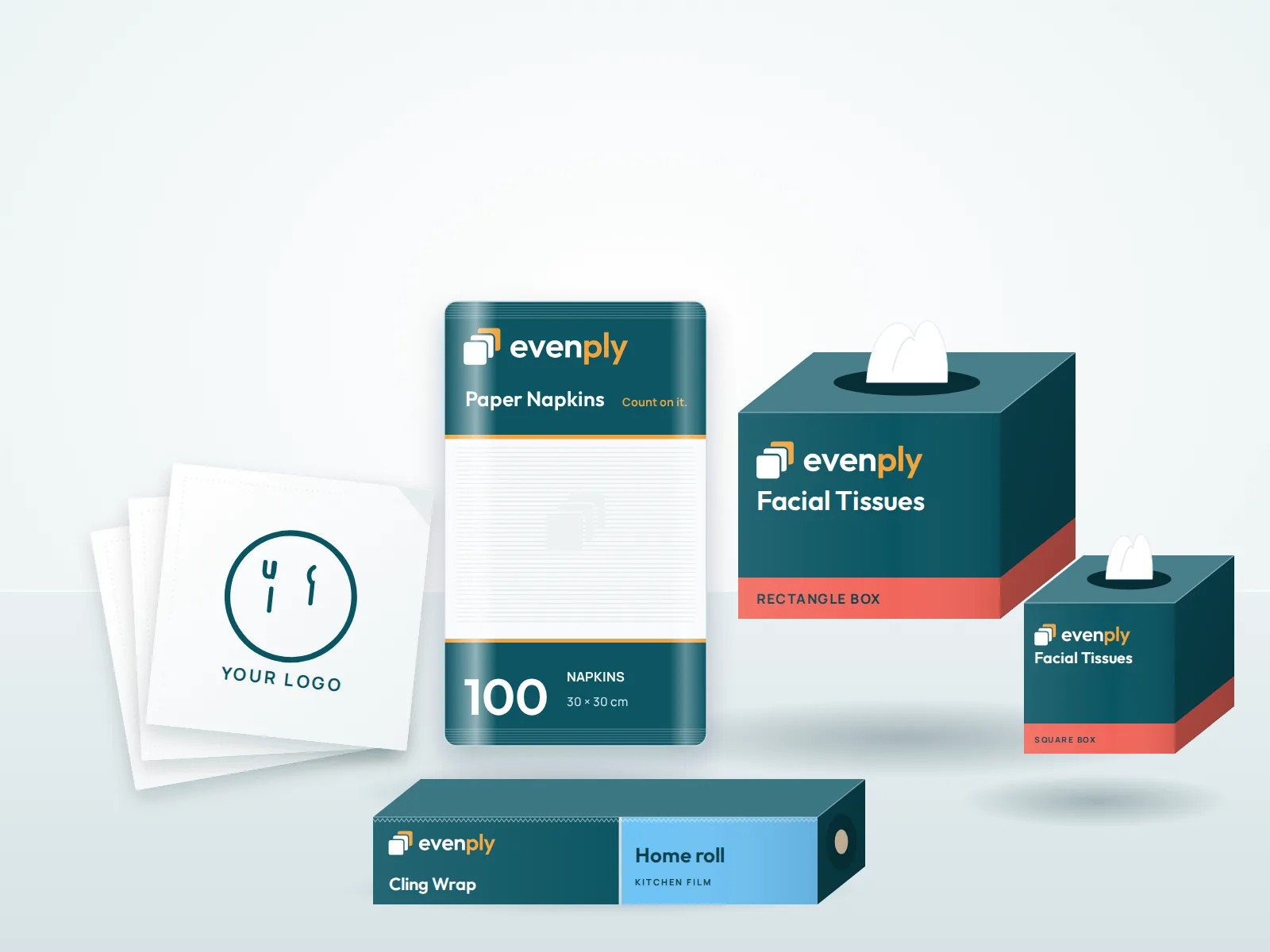 Evenply printed napkins with a restaurant logo, stacked on a table